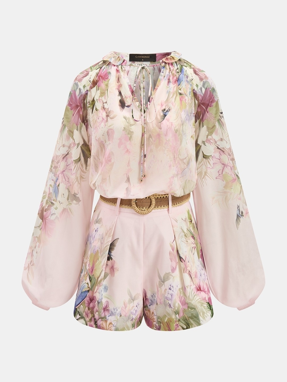 NWOT Commense Pink Floral Short Set with Balloon Sleeves